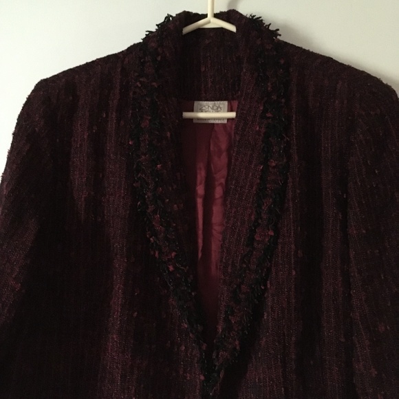 ZONDA NELLIS Burgundy + Black Chanel Style Boucle Tweed Fringe Trim Jacket L - Picture 2 of 5